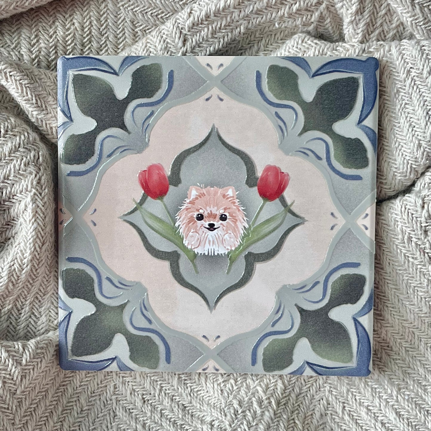 Pomeranian (Tulip Duet) - Embossed Vintage Tile Ceramic Coaster