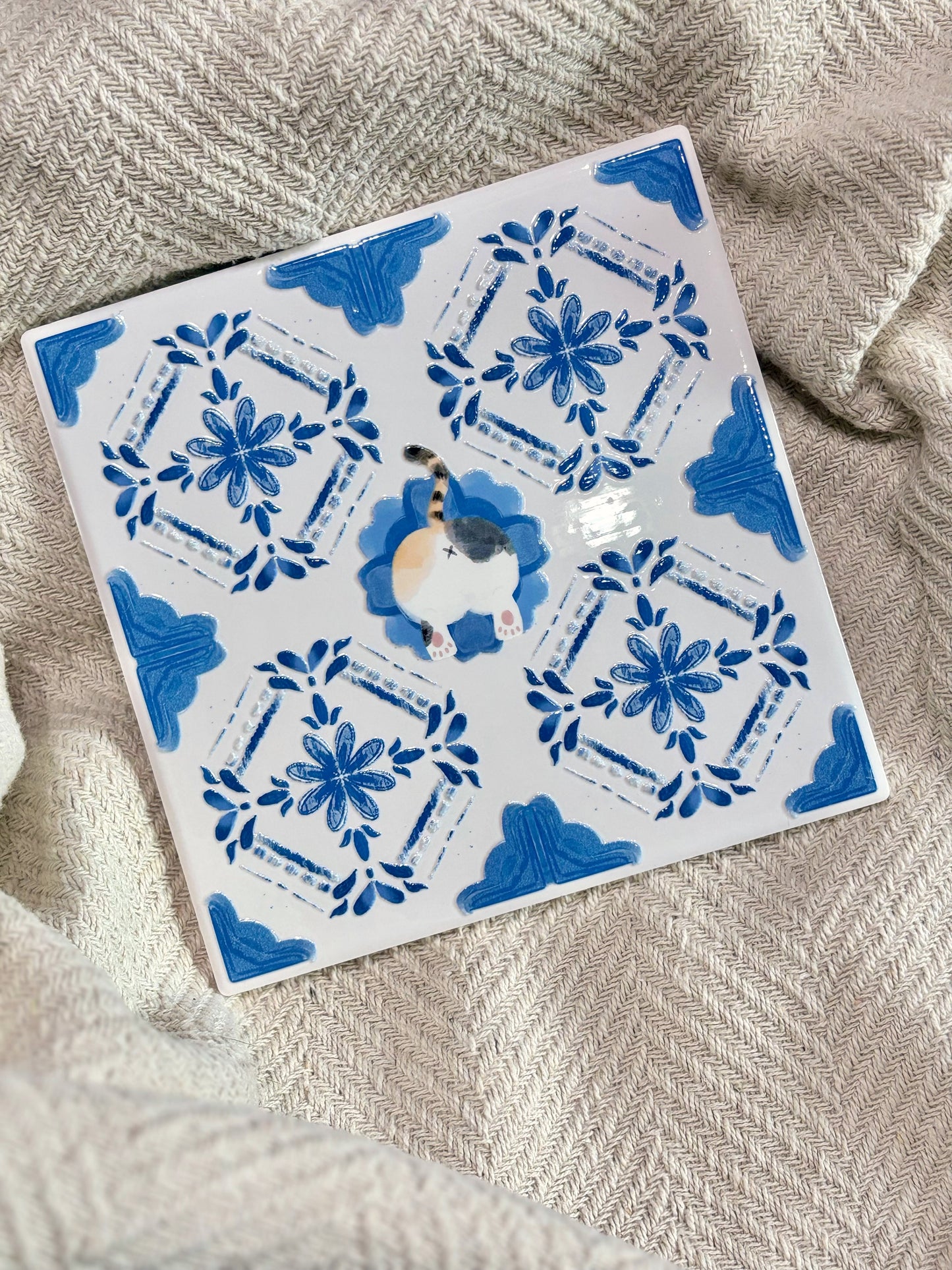 Calico (Cobalt Blue Series) - Embossed Vintage Ceramic Art Tile