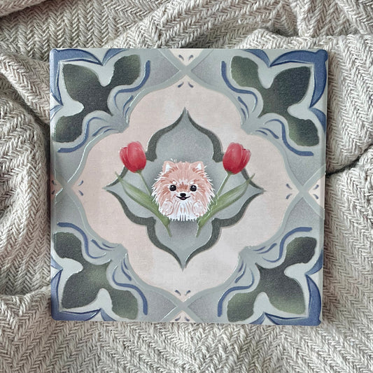 Pomeranian (Tulip Duet) - Embossed Vintage Tile Ceramic Coaster
