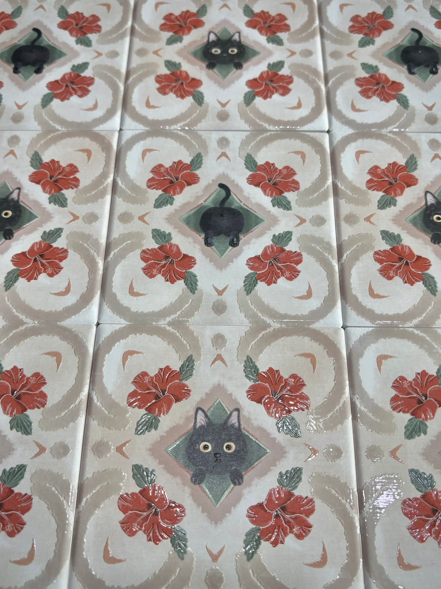 Eunique Art: Black Cat, Vintage Majolica Tile, Glossy Relief Ceramic Coaster
