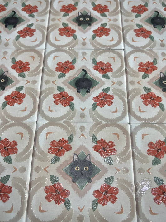 Eunique Art: Black Cat, Vintage Majolica Tile, Glossy Relief Ceramic Coaster