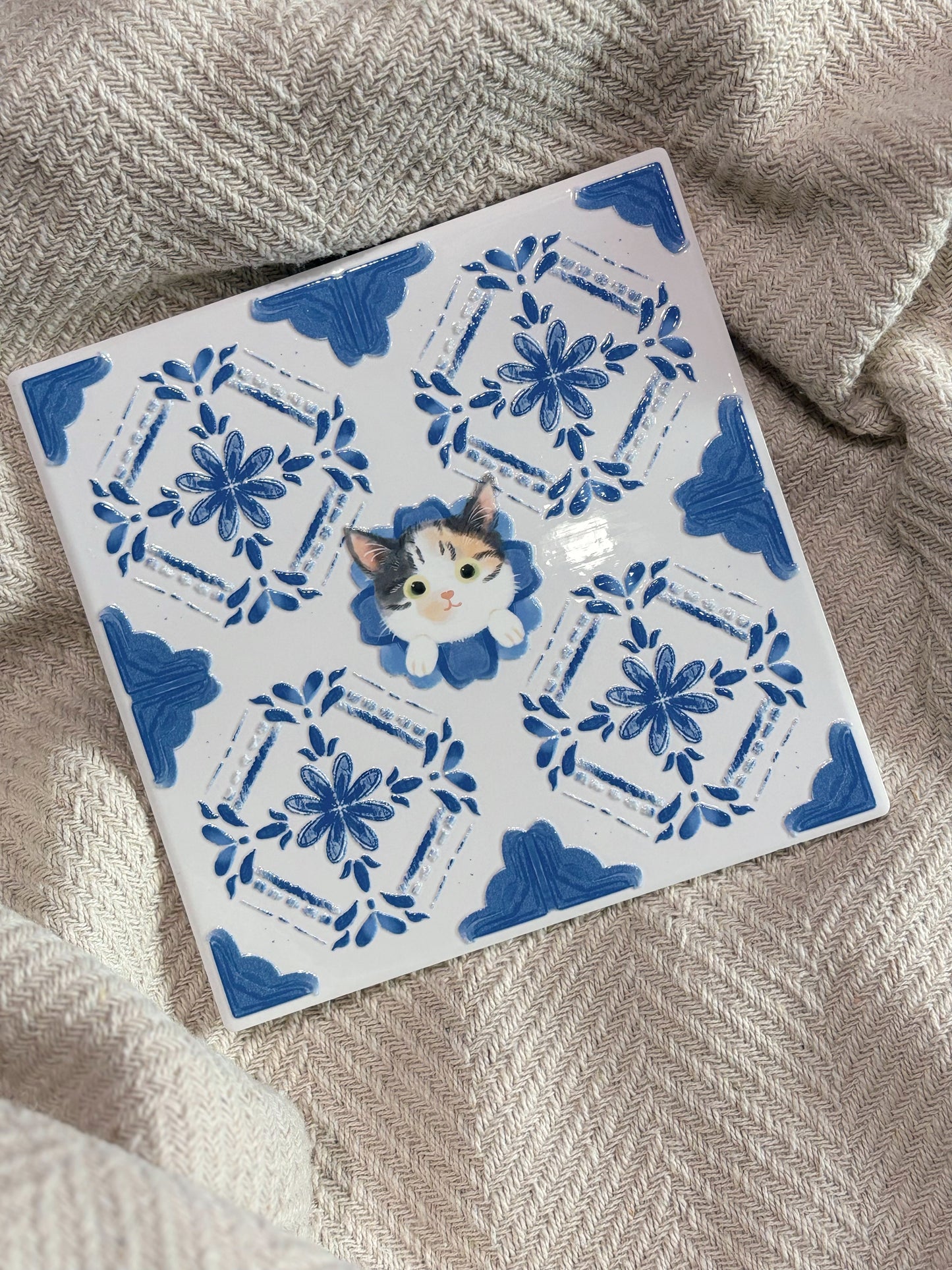 Calico (Cobalt Blue Series) - Embossed Vintage Ceramic Art Tile