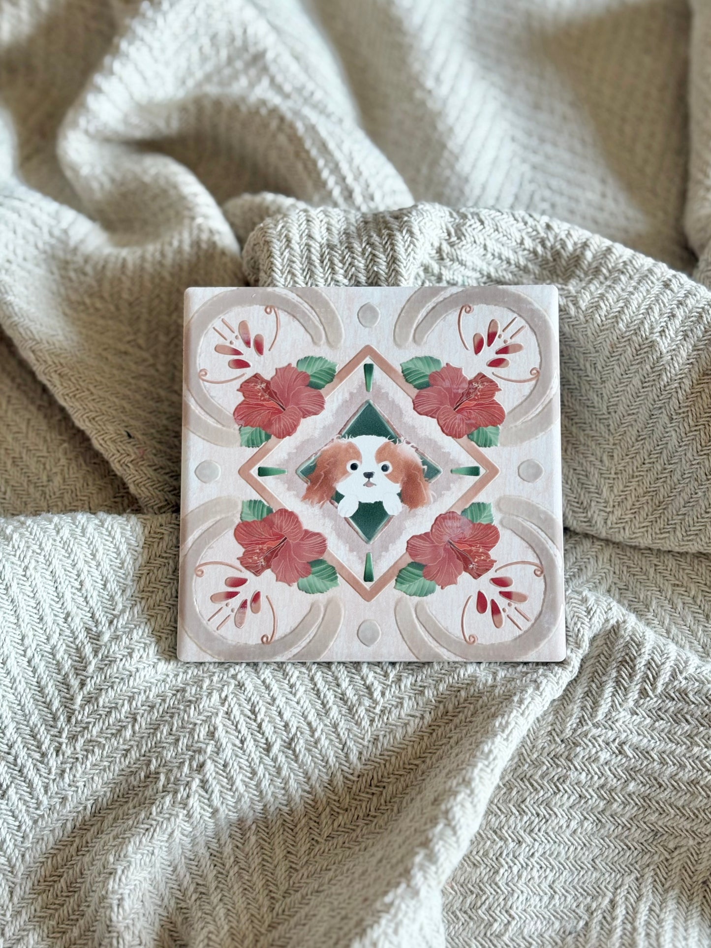 Cavalier King Charles Spaniel (Hibiscus) - Embossed Vintage Tile Ceramic Coaster