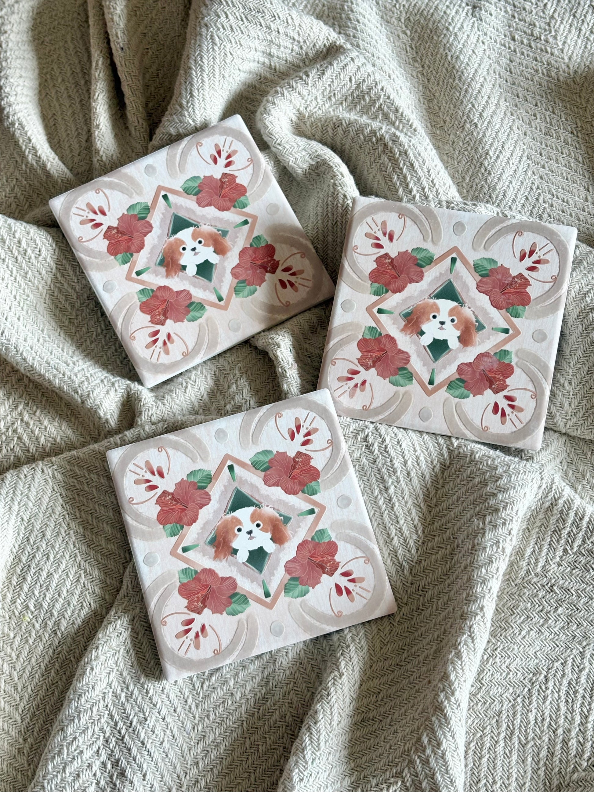 Eunique Art: King Charles Spaniel, Vintage Majolica Tile, Glossy Relief Ceramic Coaster