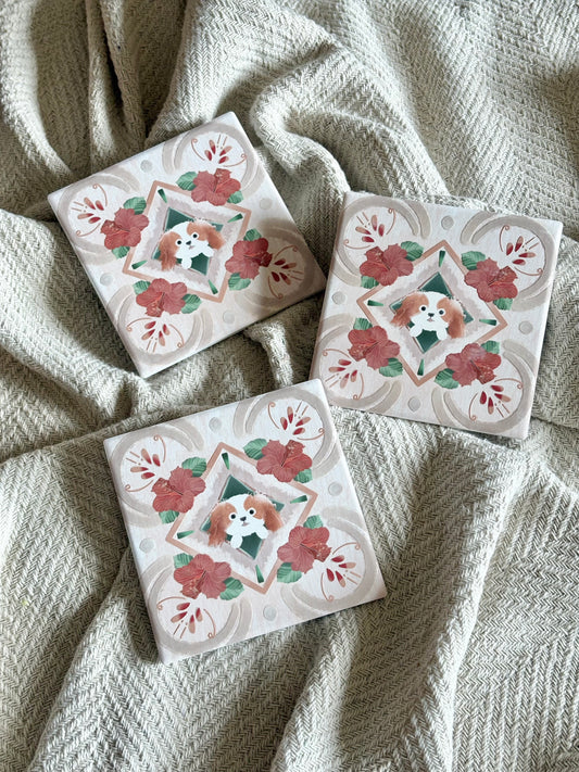 Eunique Art: King Charles Spaniel, Vintage Majolica Tile, Glossy Relief Ceramic Coaster