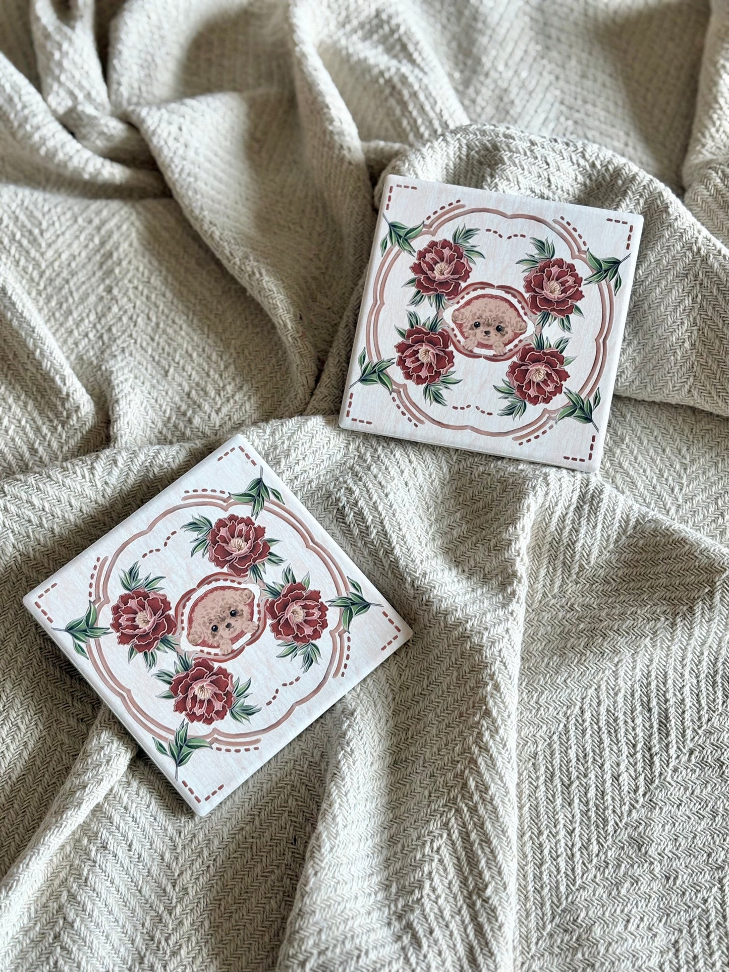 Eunique Art: Poodle, Vintage Majolica Tile, Glossy Relief Ceramic Coaster