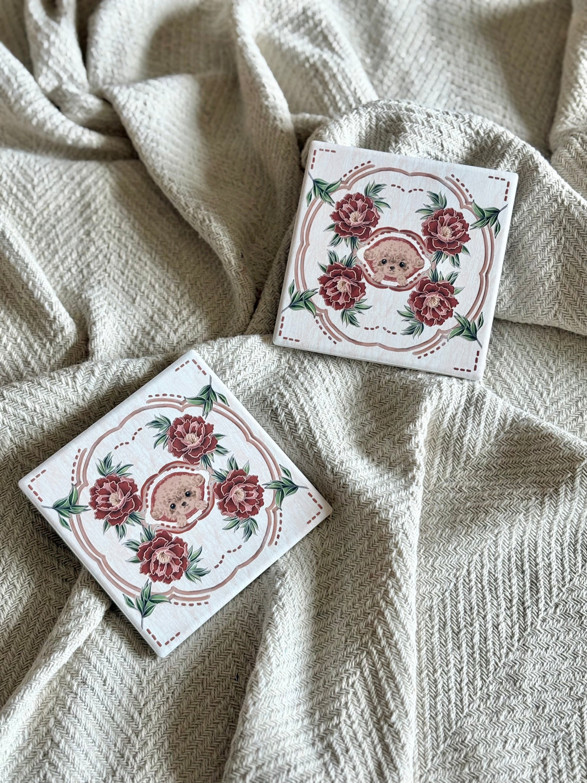 Eunique Art: Poodle, Vintage Majolica Tile, Glossy Relief Ceramic Coaster