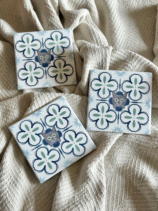 Eunique Art: Russian Cat, Vintage Majolica Tile, Glossy Relief Ceramic Coaster