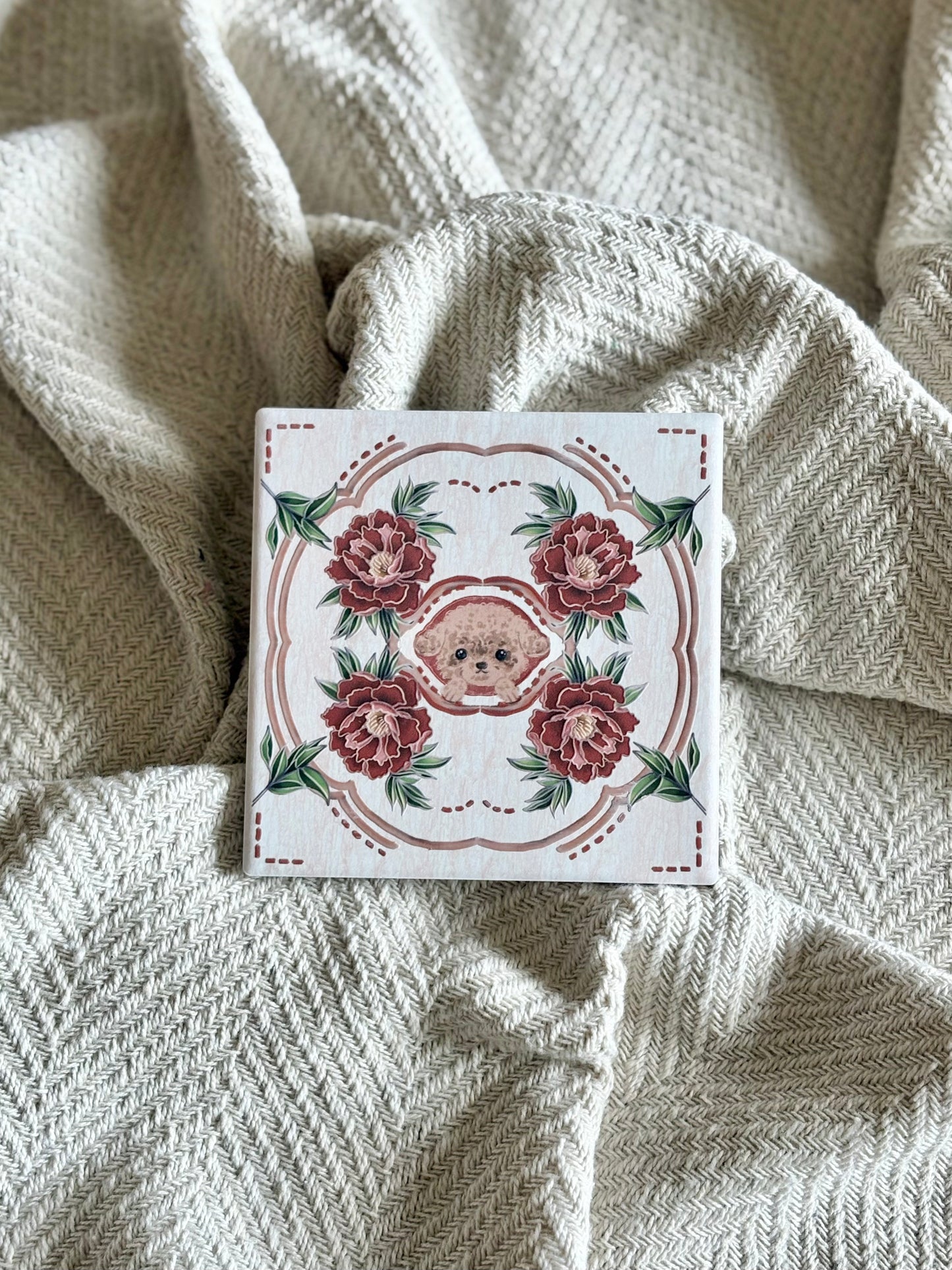 Poodle (Under Peony) - Embossed Vintage Tile Ceramic Coaster
