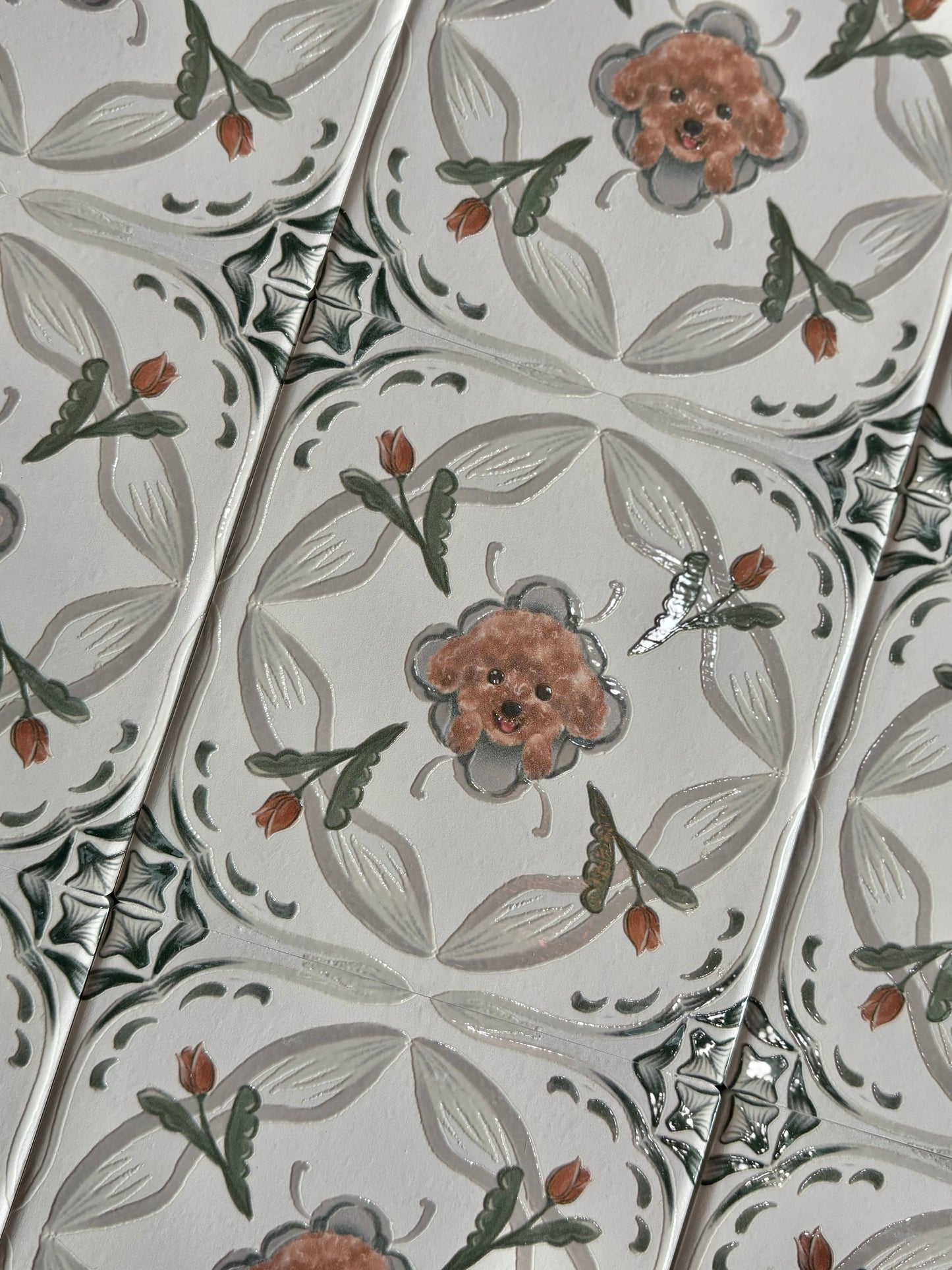 Eunique Art: Poodle, Tulip Waltz, Vintage Majolica Tile, Glossy Relief Ceramic Coaster