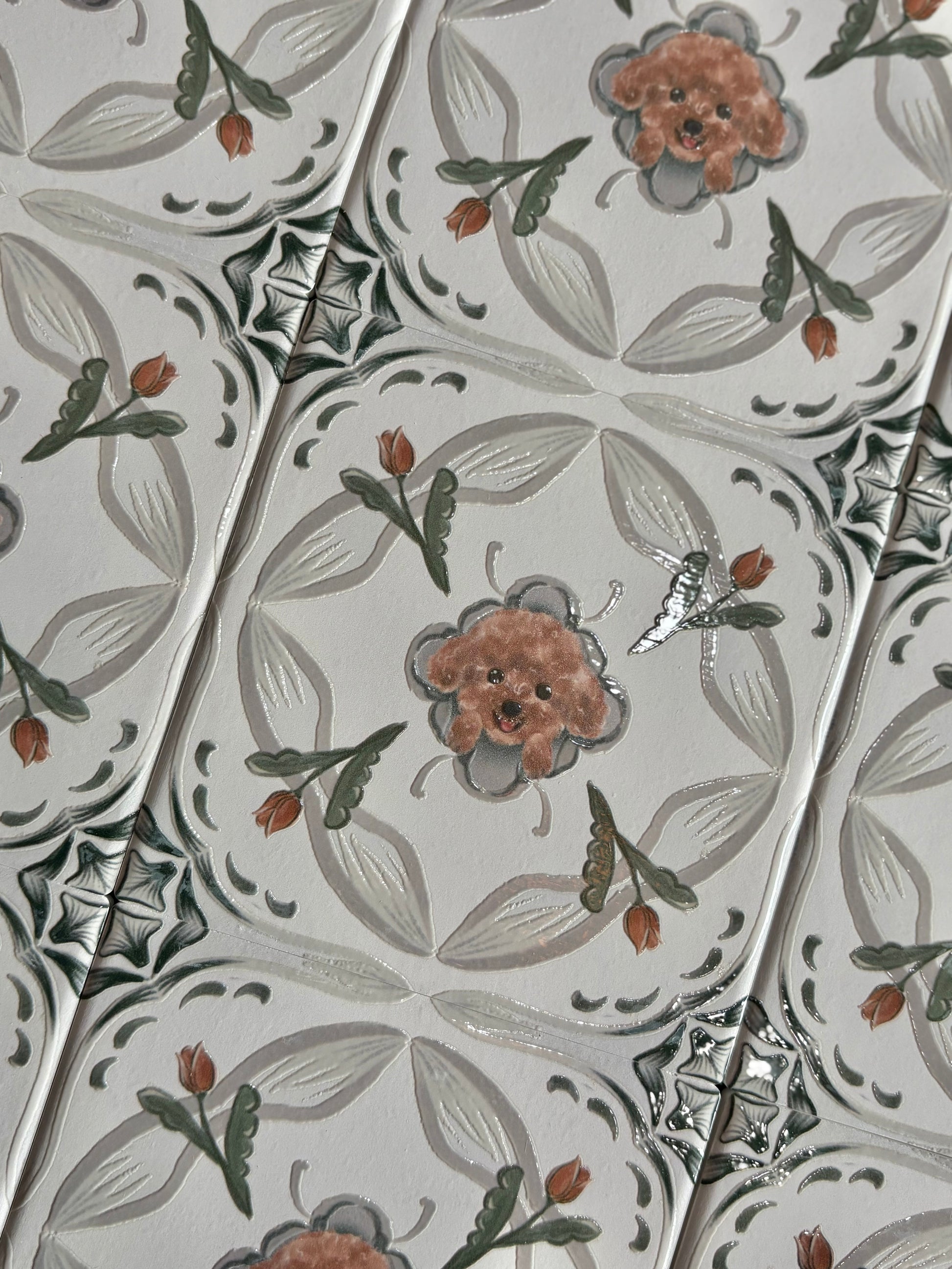 Eunique Art: Poodle, Tulip Waltz, Vintage Majolica Tile, Glossy Relief Ceramic Coaster
