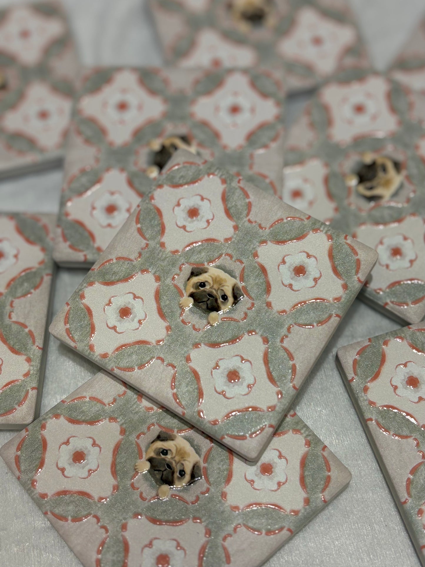 Eunique Art: Pug, Vintage Majolica Tile, Glossy Relief Ceramic Magnet