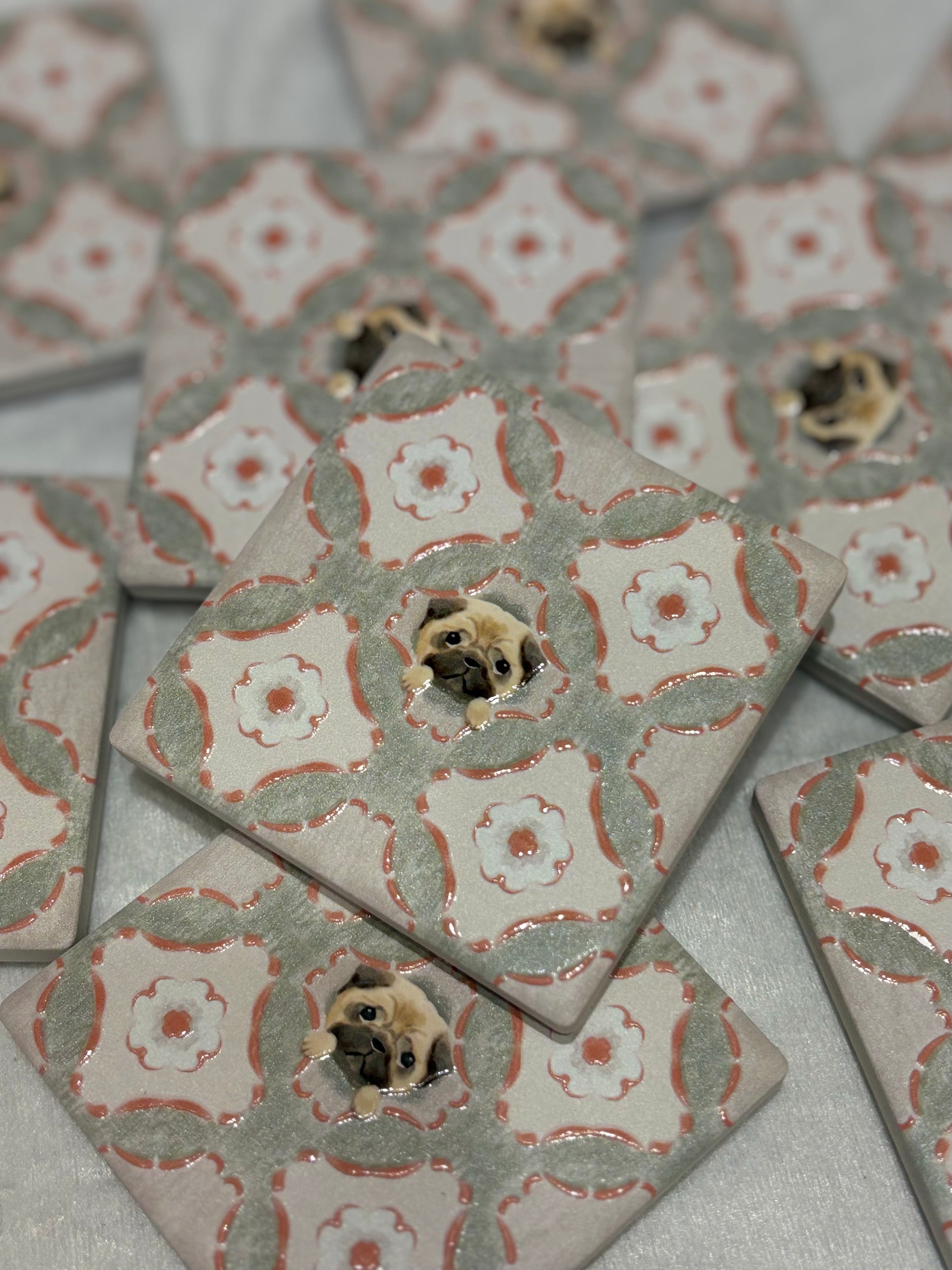 Eunique Art: Pug, Vintage Majolica Tile, Glossy Relief Ceramic Magnet