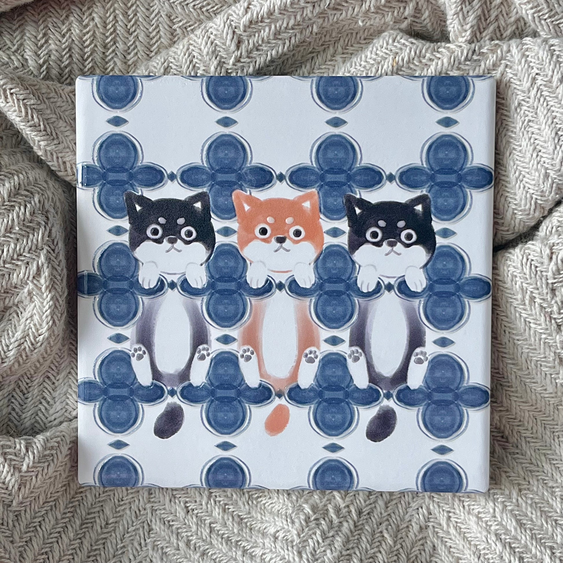 Eunique Art: Shiba Friends, Vintage Majolica Tile, Glossy Relief Ceramic Coaster