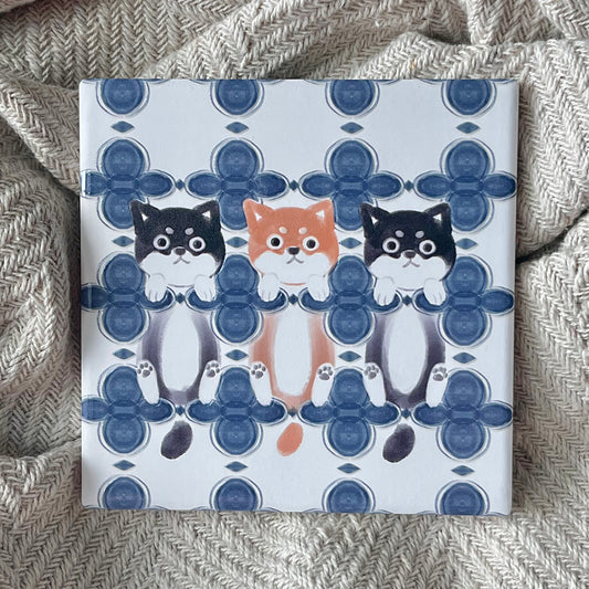 Eunique Art: Shiba Friends, Vintage Majolica Tile, Glossy Relief Ceramic Coaster