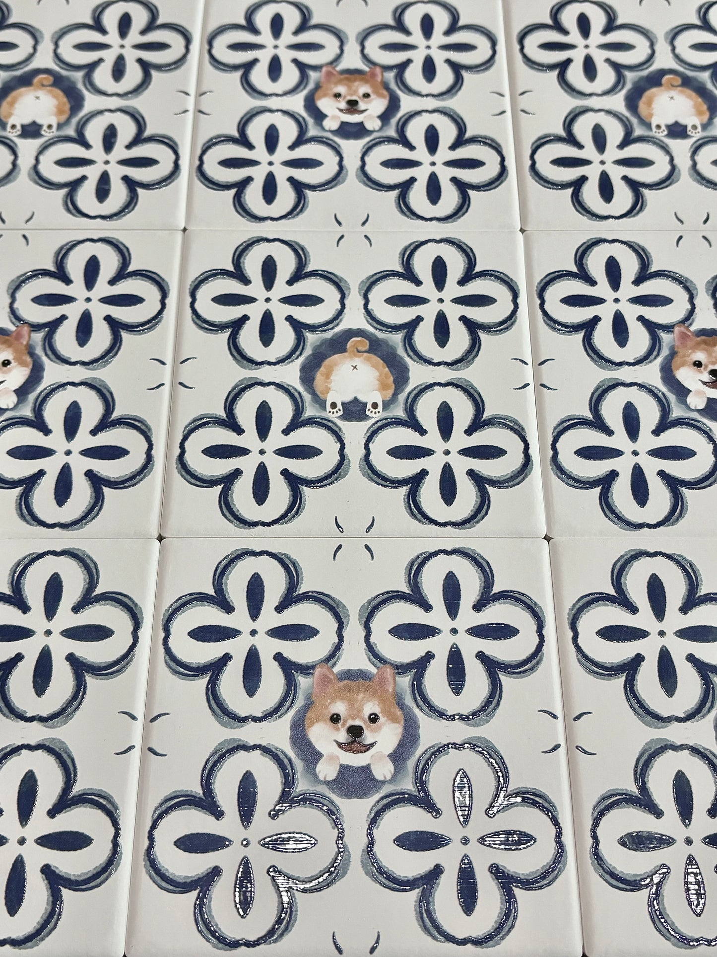 Eunique Art: Repeating Majolica Tile Pattern Display, Multiple Shiba Inu & Behind View Coasters, Glossy Relief Ceramic Art