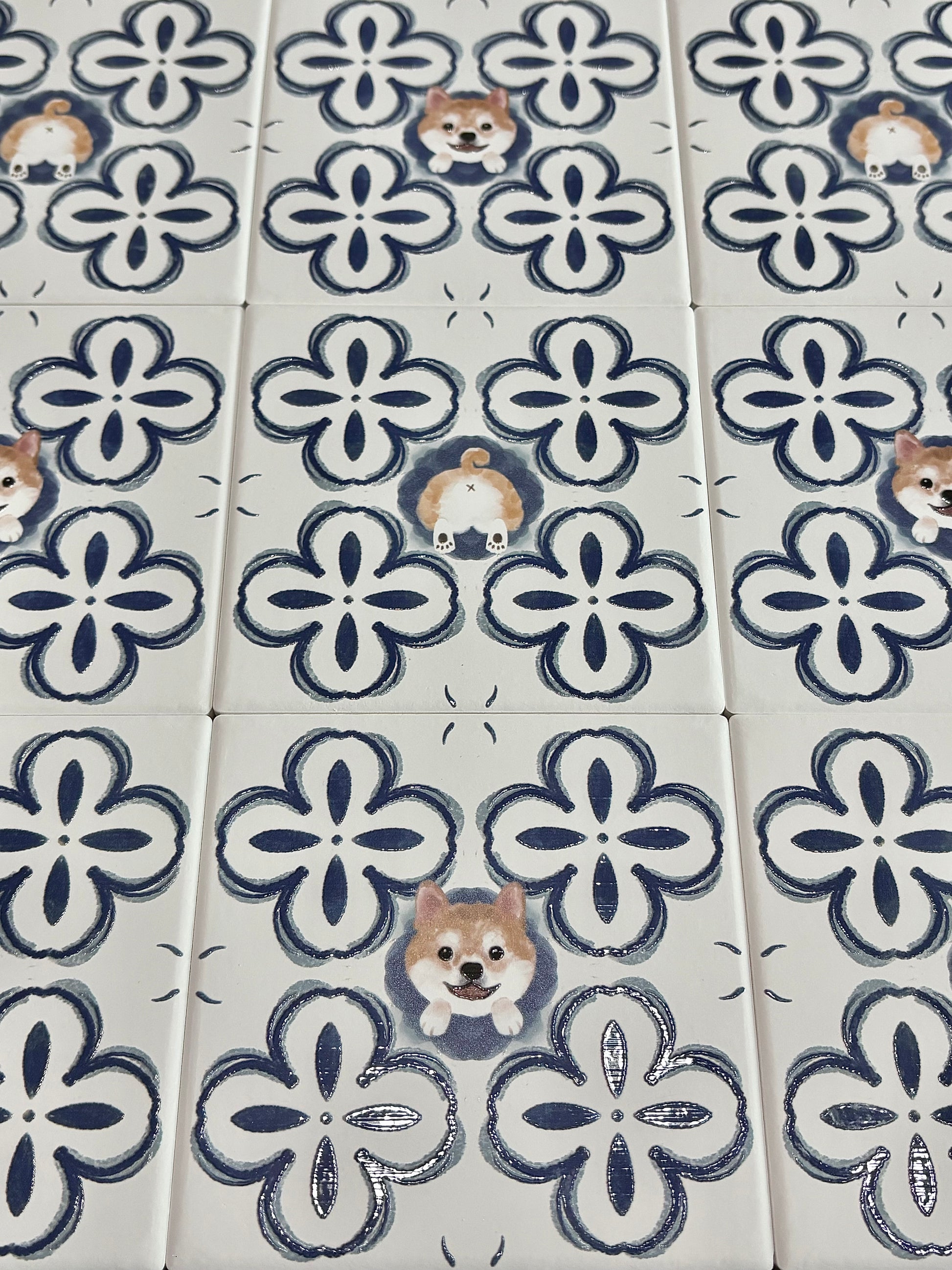 Eunique Art: Repeating Majolica Tile Pattern Display, Multiple Shiba Inu & Behind View Coasters, Glossy Relief Ceramic Art
