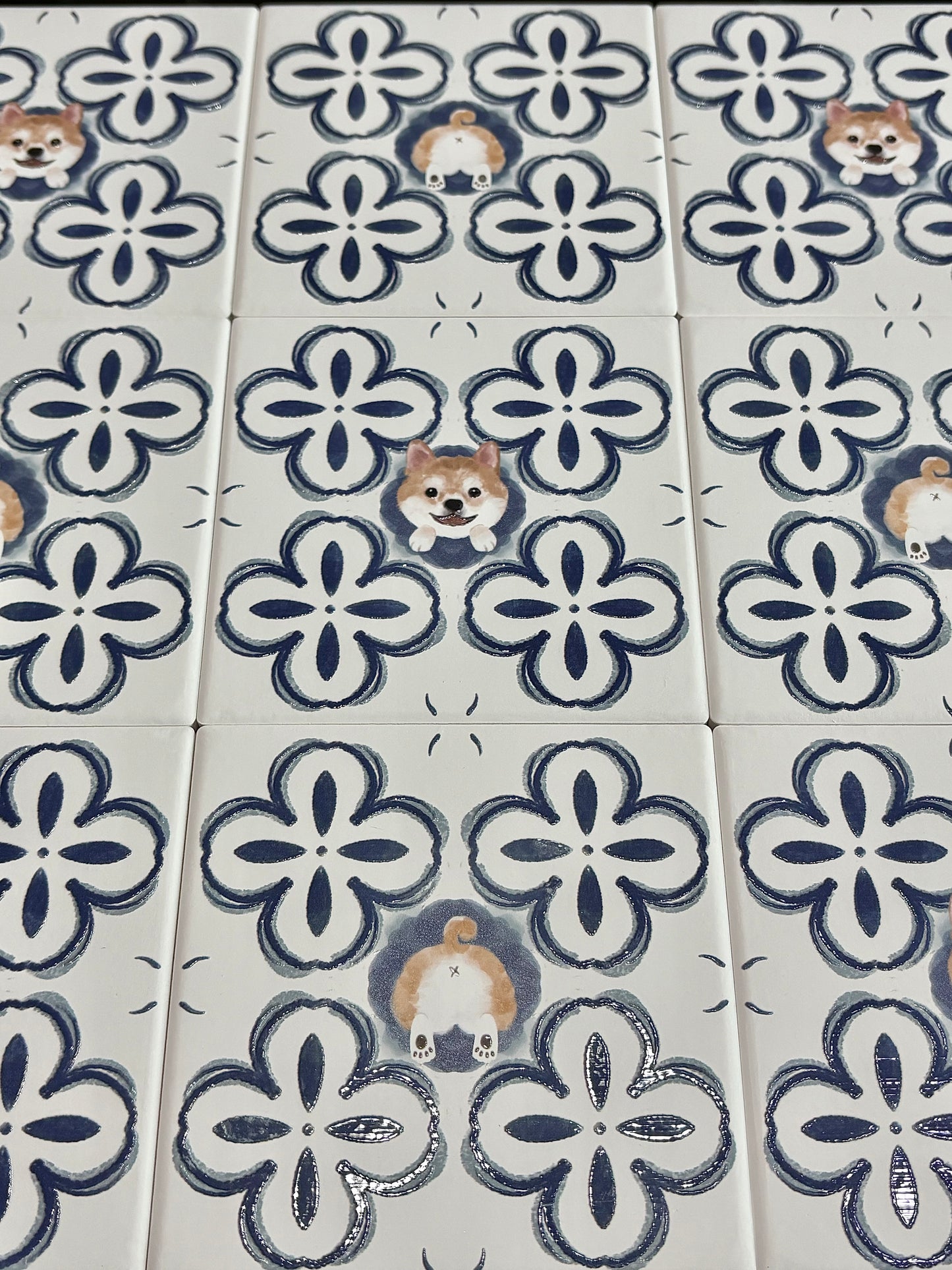 Eunique Art: Repeating Majolica Tile Pattern Display, Multiple Shiba Inu & Behind View Coasters, Glossy Relief Ceramic Art