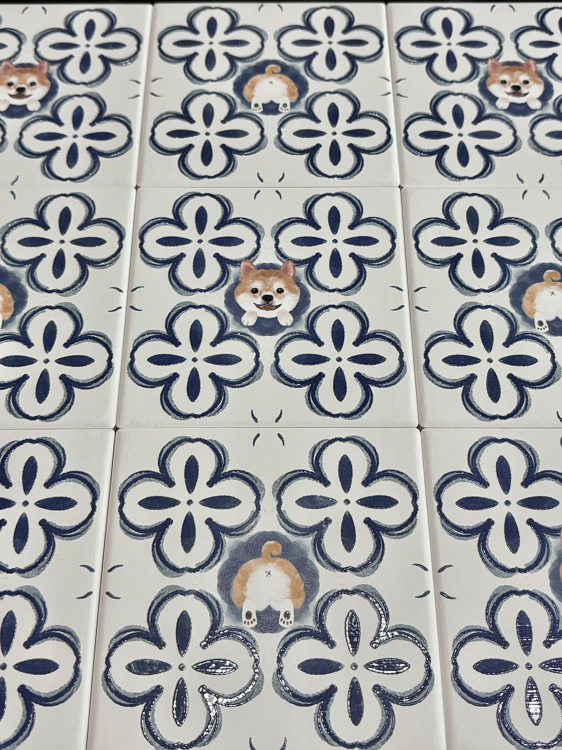Eunique Art: Repeating Majolica Tile Pattern Display, Multiple Shiba Inu & Behind View Coasters, Glossy Relief Ceramic Art