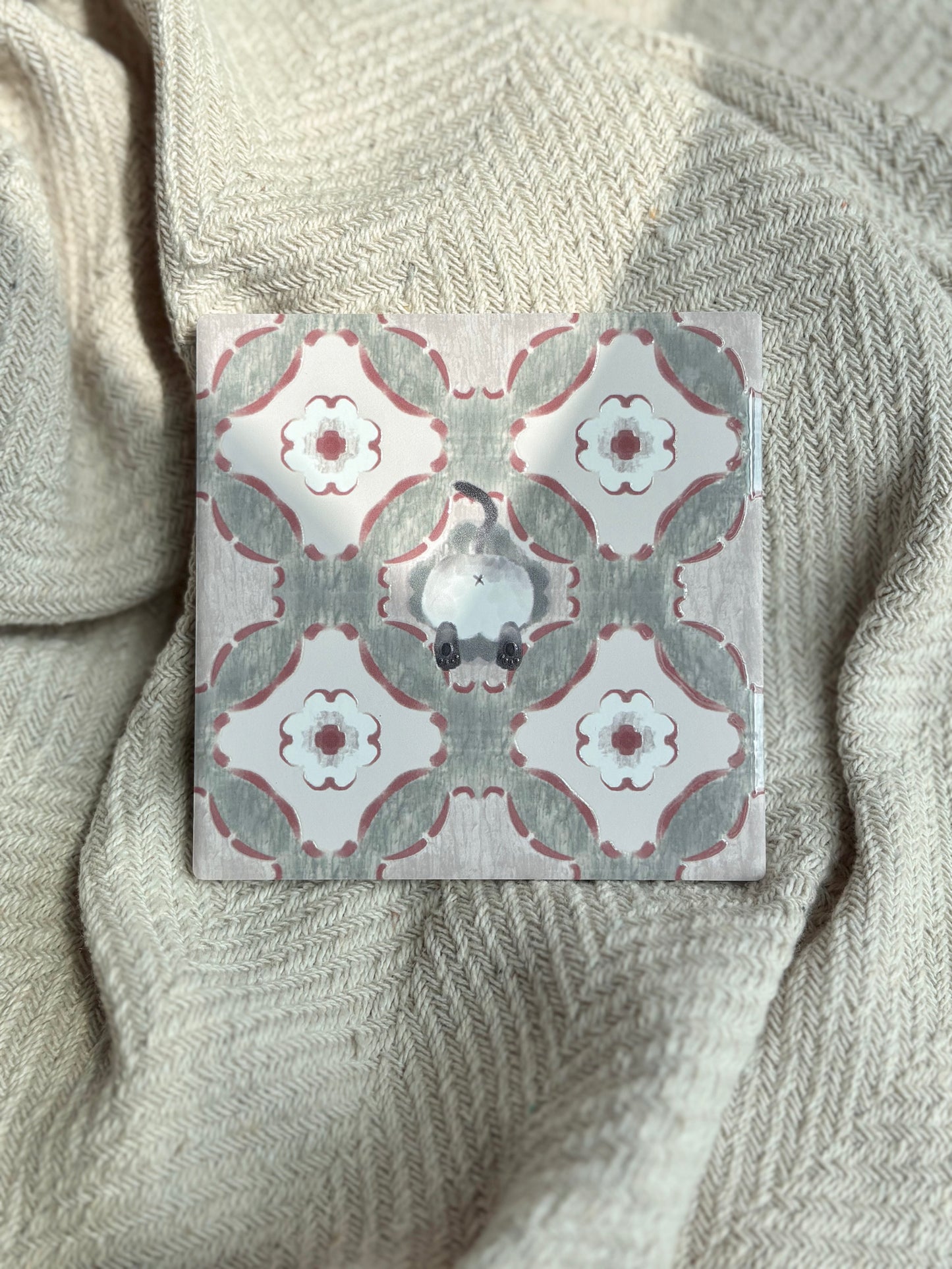 Siamese Cat (Terracotta & Sage) - Embossed Vintage Ceramic Tile Coaster