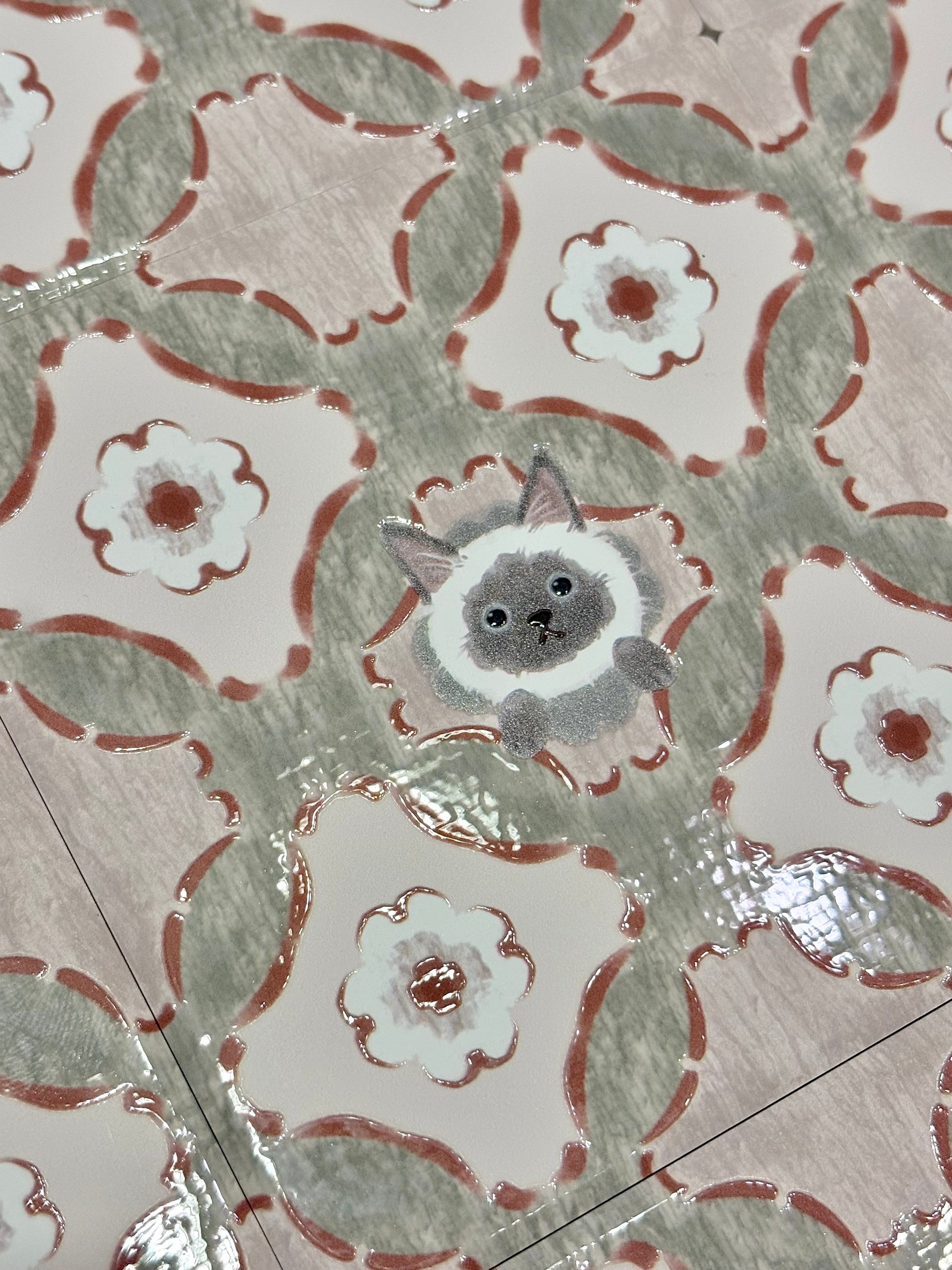 Eunique Art: Siamese Cat, Terracotta & Sage, Vintage Majolica Tile, Glossy Relief Ceramic Coaster