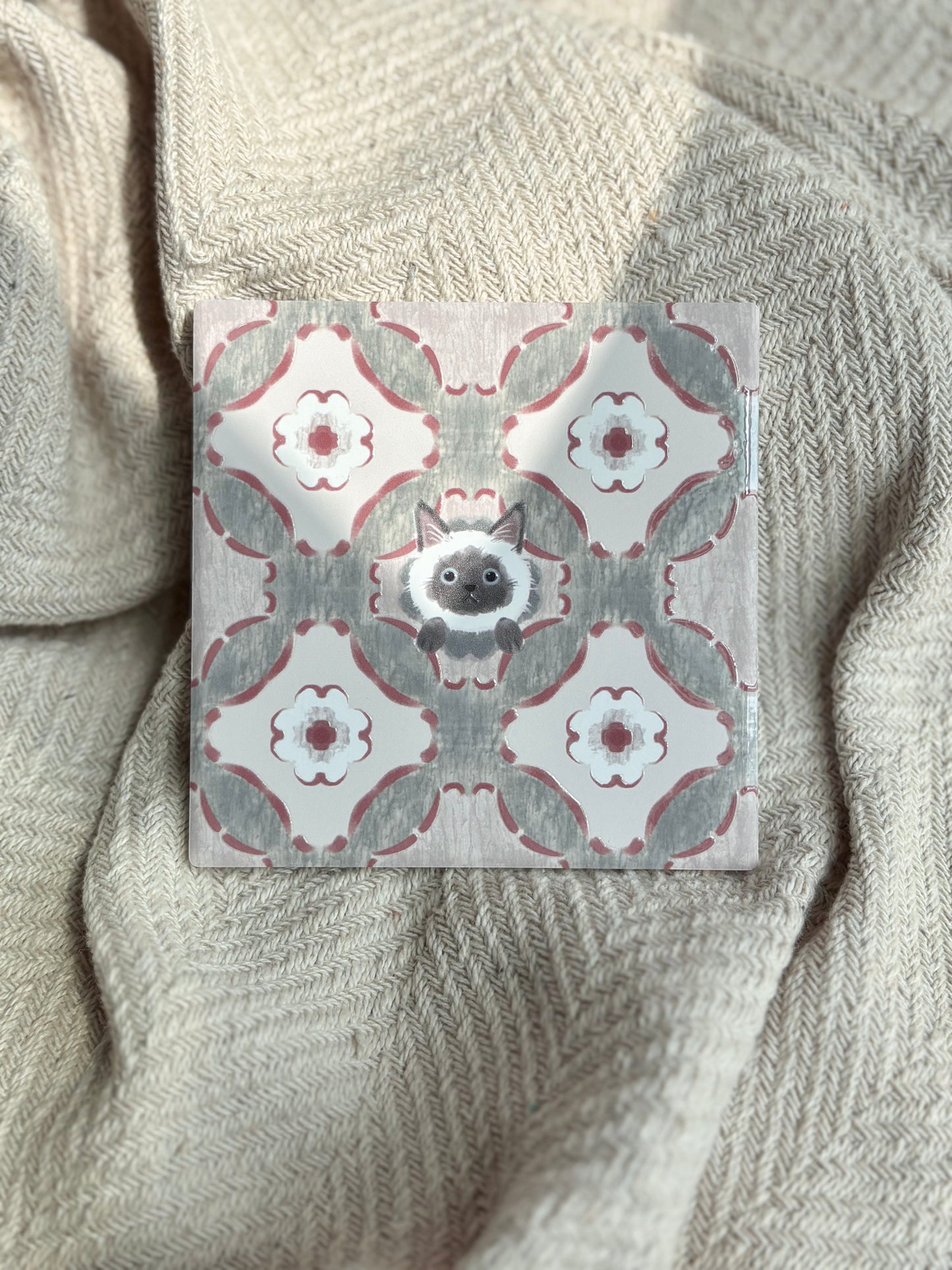 Siamese Cat (Terracotta & Sage) - Embossed Vintage Ceramic Tile Coaster