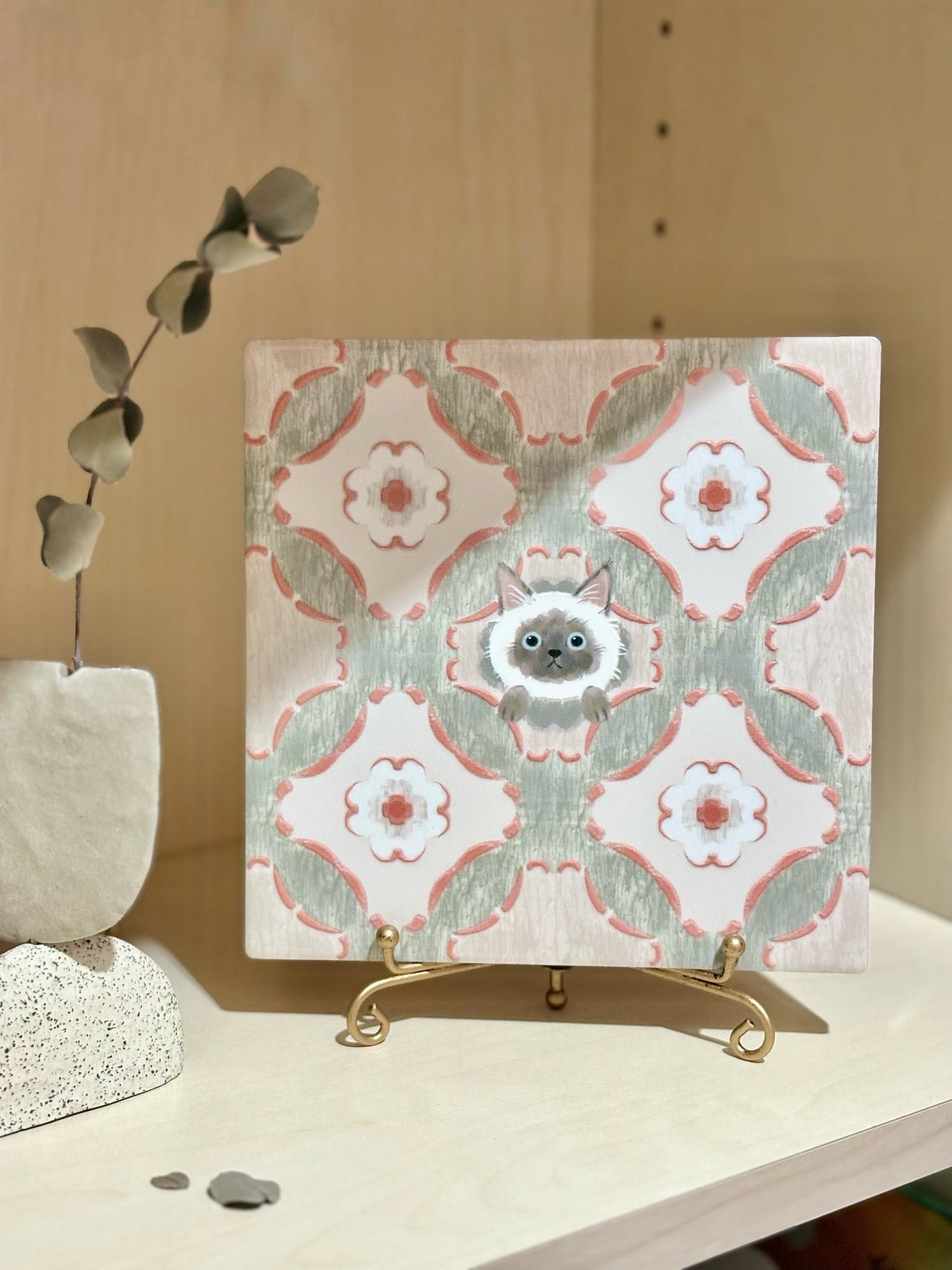 Siamese (Terracotta & Sage) - Embossed Vintage Ceramic Art Tile