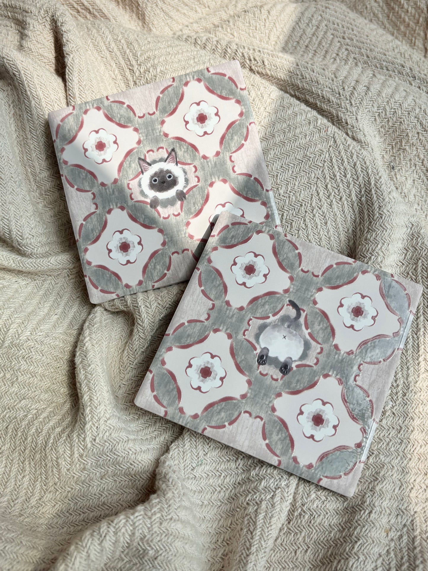 Siamese Cat (Terracotta & Sage) - Embossed Vintage Ceramic Tile Coaster