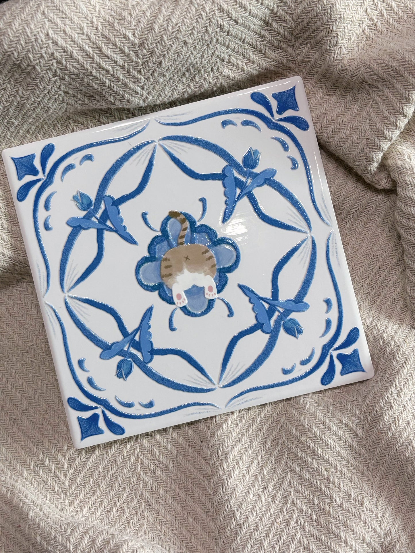 Tabby (Cobalt Blue Series) - Embossed Vintage Ceramic Art Tile