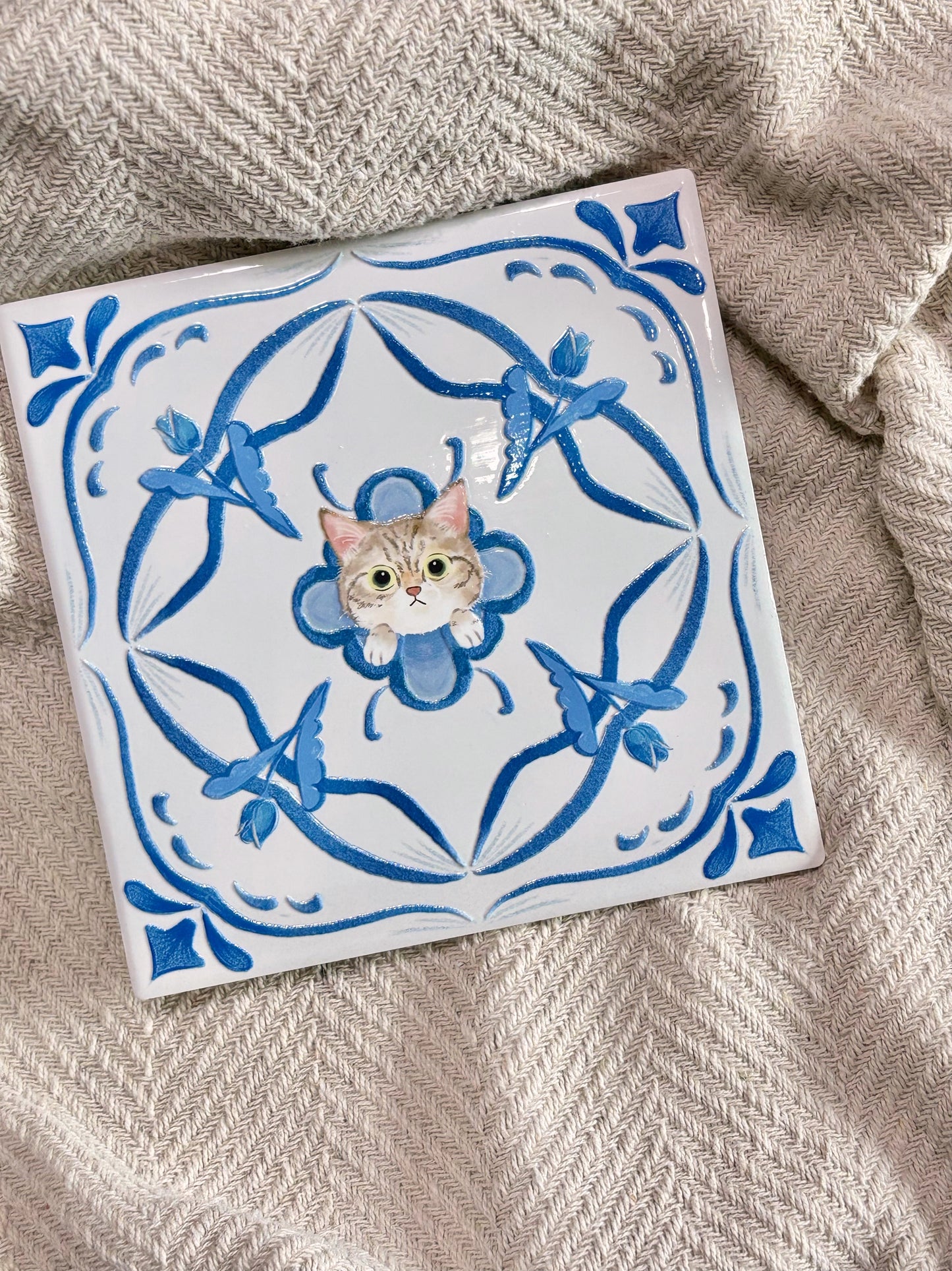 Tabby (Cobalt Blue Series) - Embossed Vintage Ceramic Art Tile