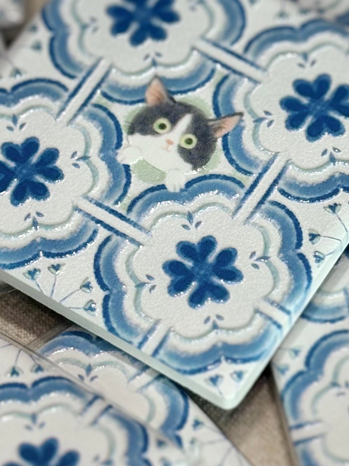Tuxedo Cat (Cobalt Lattice) - Embossed Vintage Tile Ceramic Magnet