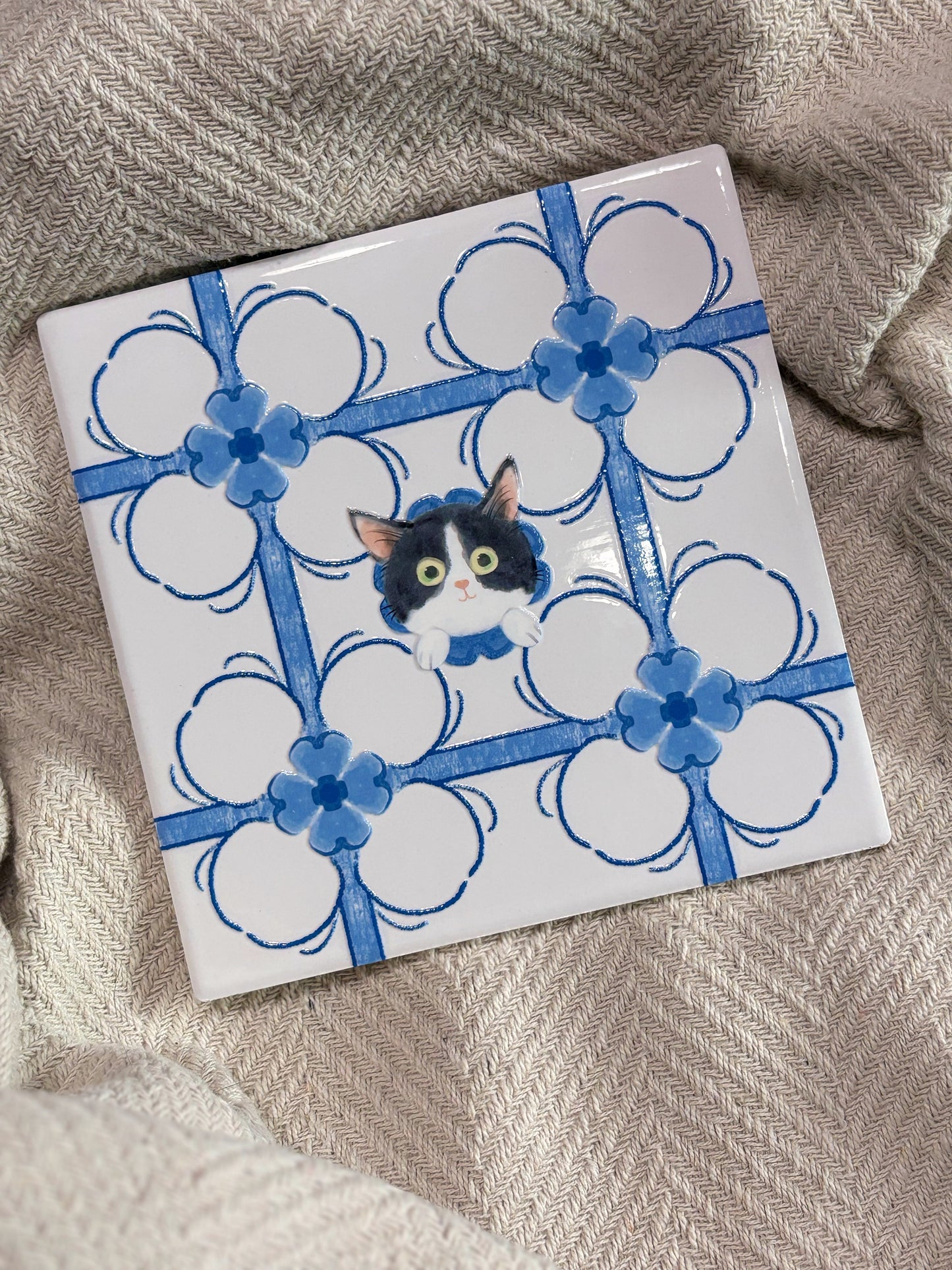 Tuxedo (Cobalt Blue Series) - Embossed Vintage Ceramic Art Tile
